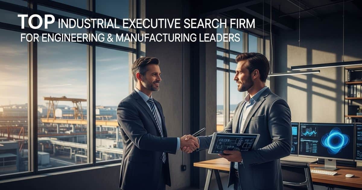 Two business professionals shaking hands at a top industrial executive search firm office setting