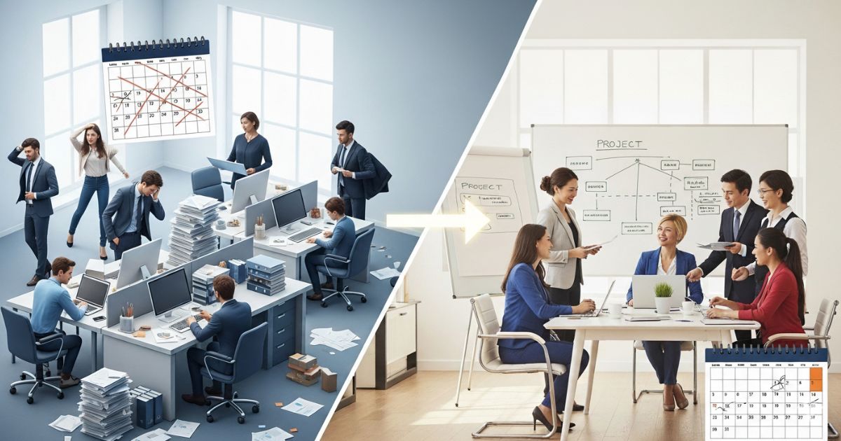Image shows a chaotic, delayed office (left) transforming to an organized, efficient team (right) because executive search saves businesses.