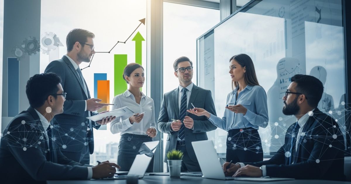 Executive team in a modern office meeting, discussing data-driven strategy after an Executive Recruiter placement.