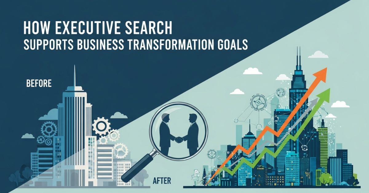 Executive Recruiter magnifying glass connecting leaders, leading to business growth and transformation.