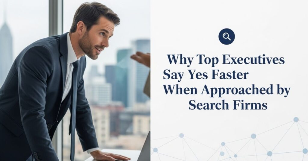 A professional executive in a suit reviewing a laptop, illustrating a successful placement by Executive Search Firms.