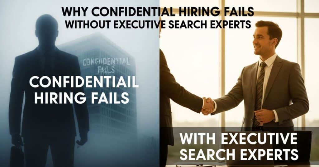 Visual showing confidential hiring failure contrasted with success using executive search experts