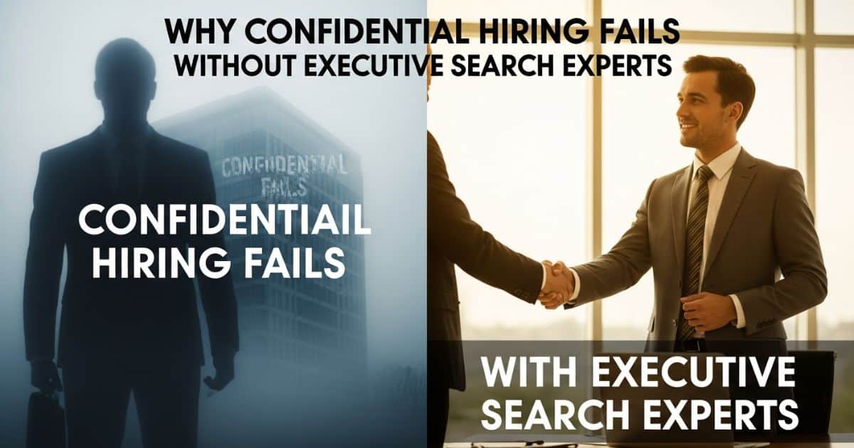 Visual showing confidential hiring failure contrasted with success using executive search experts