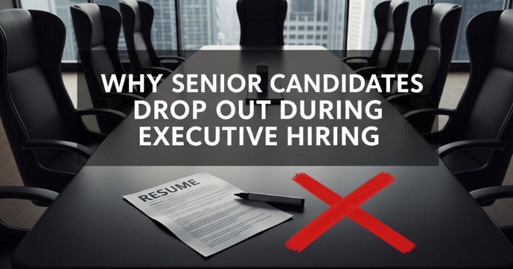 Boardroom image showing senior candidate dropout during executive hiring handled by an executive search firm