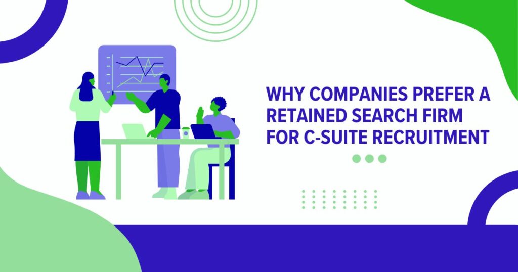 Illustration of executives in discussion explaining benefits of retained C-Suite Recruitment firms