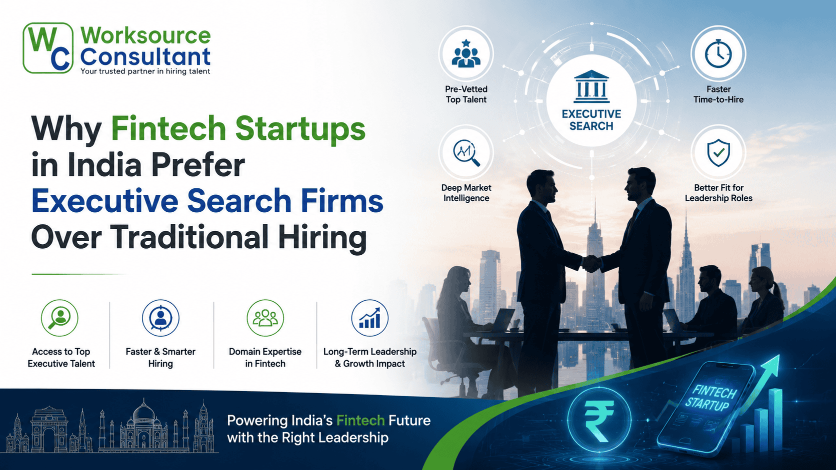 Fintech startup leaders shaking hands with city skyline background.